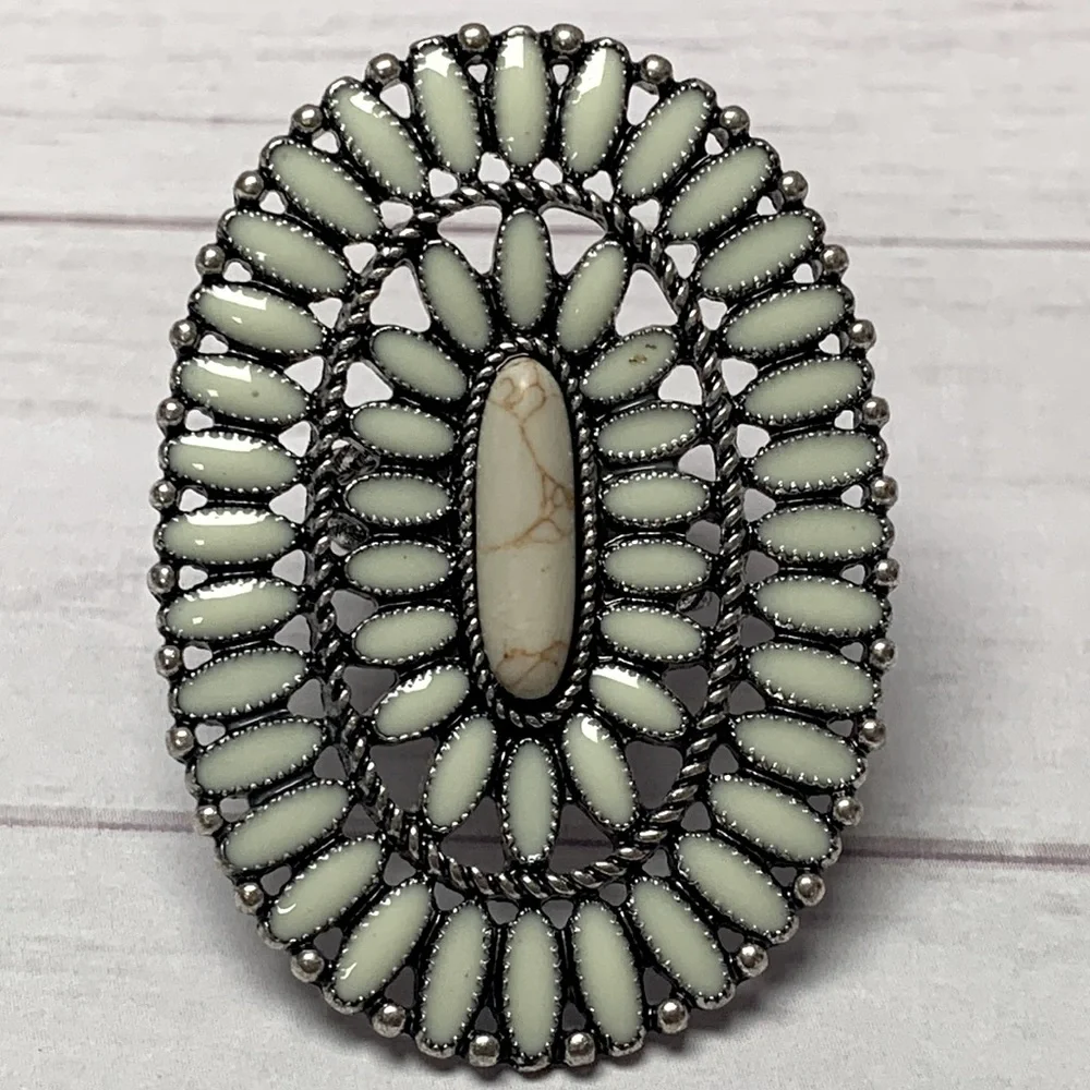 Western Style Needlepoint Concho Cluster Ring with Natural Oval Stone Adjustable - Picture 4 of 4